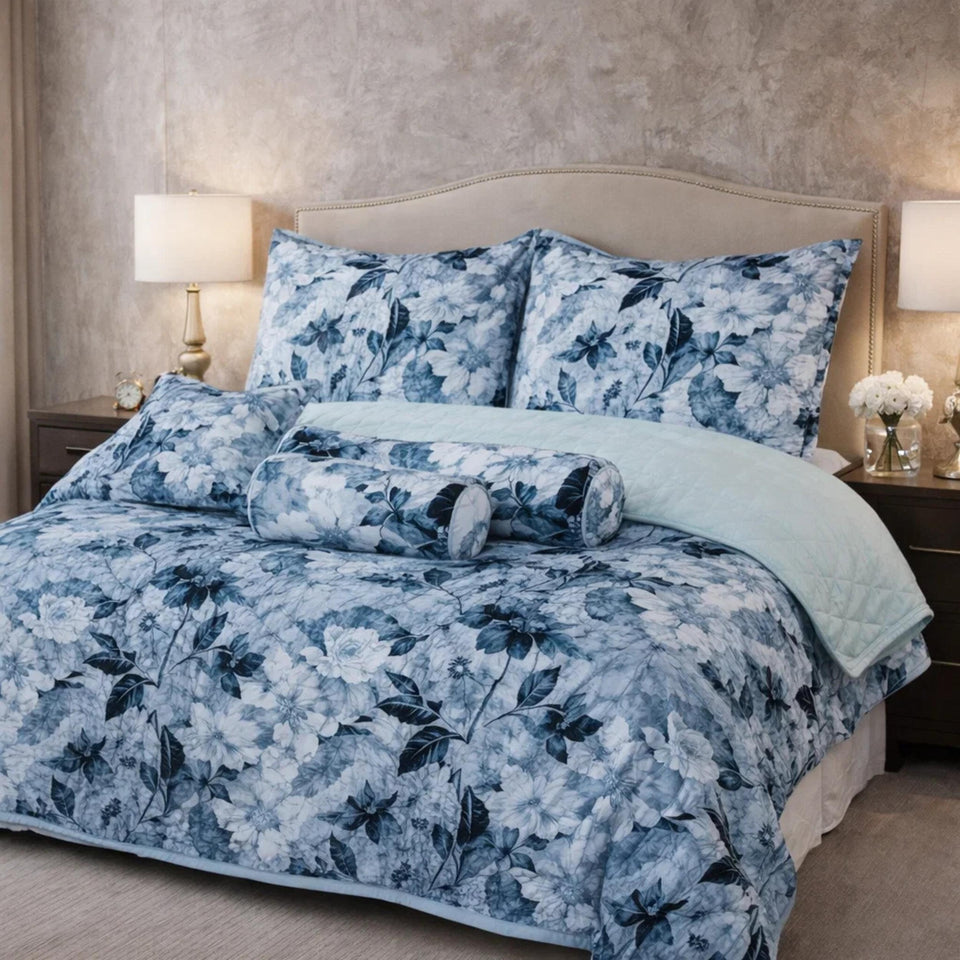 Verdant Leaf Quilted 7 Pcs Bed Spread Set Poly Bag - Sky Blue Colour