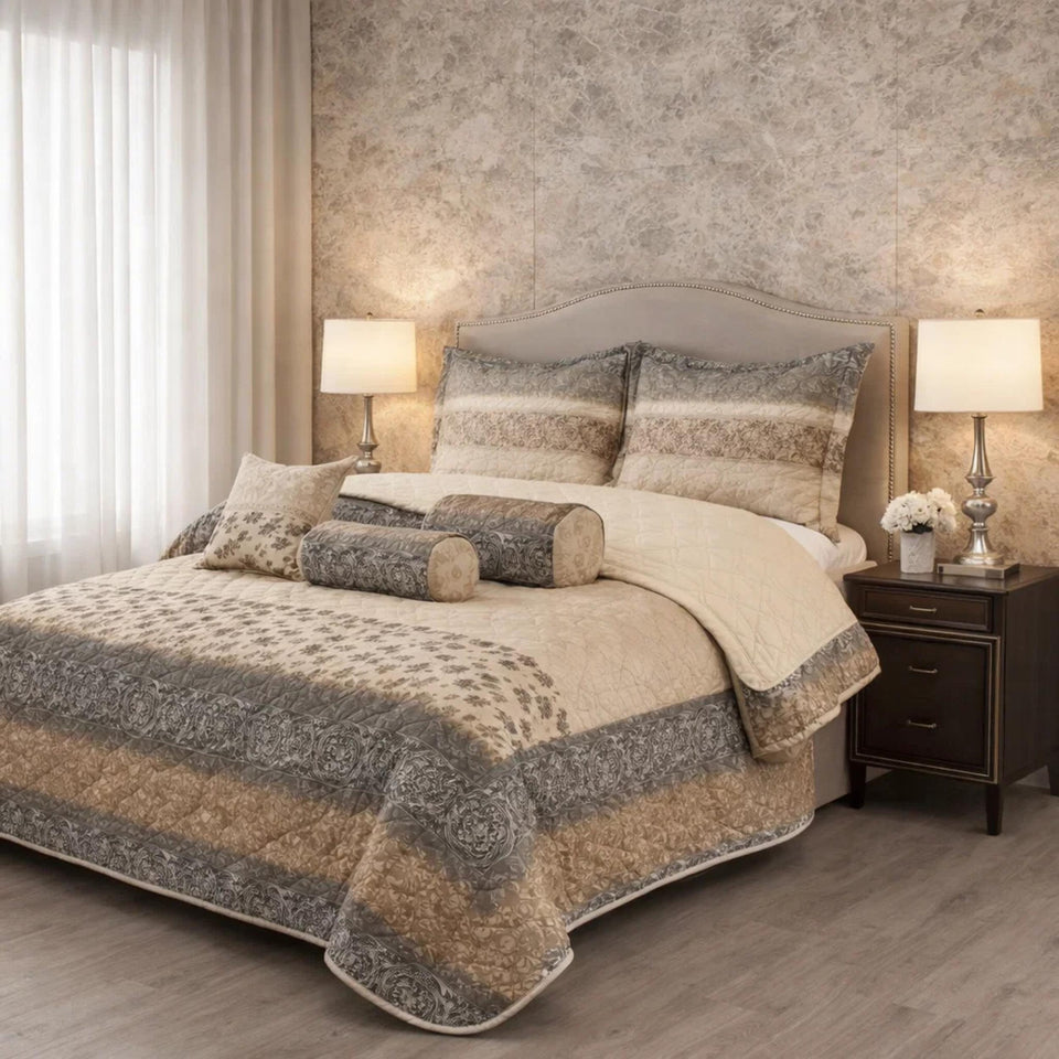 Verdant Leaf Quilted 7 Pcs Bed Spread Set Poly Bag - Light Beige Colour