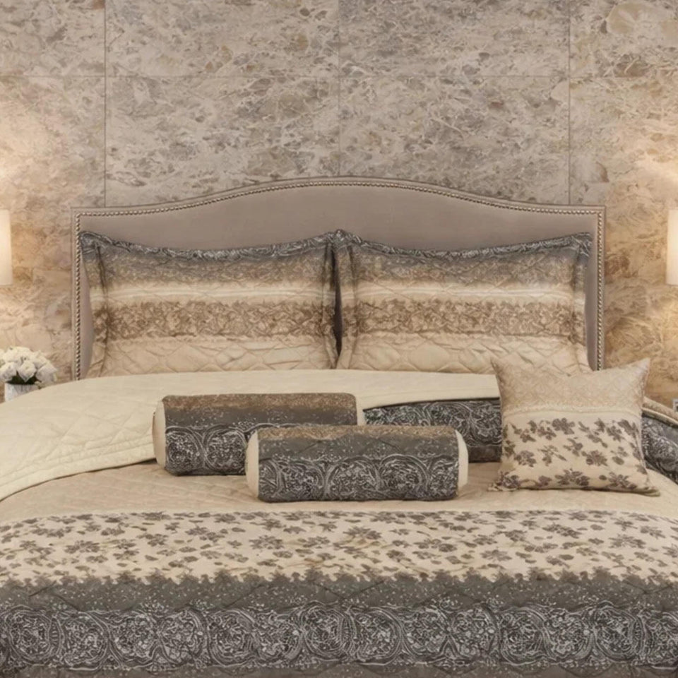 Verdant Leaf Quilted 7 Pcs Bed Spread Set Poly Bag - Light Beige Colour