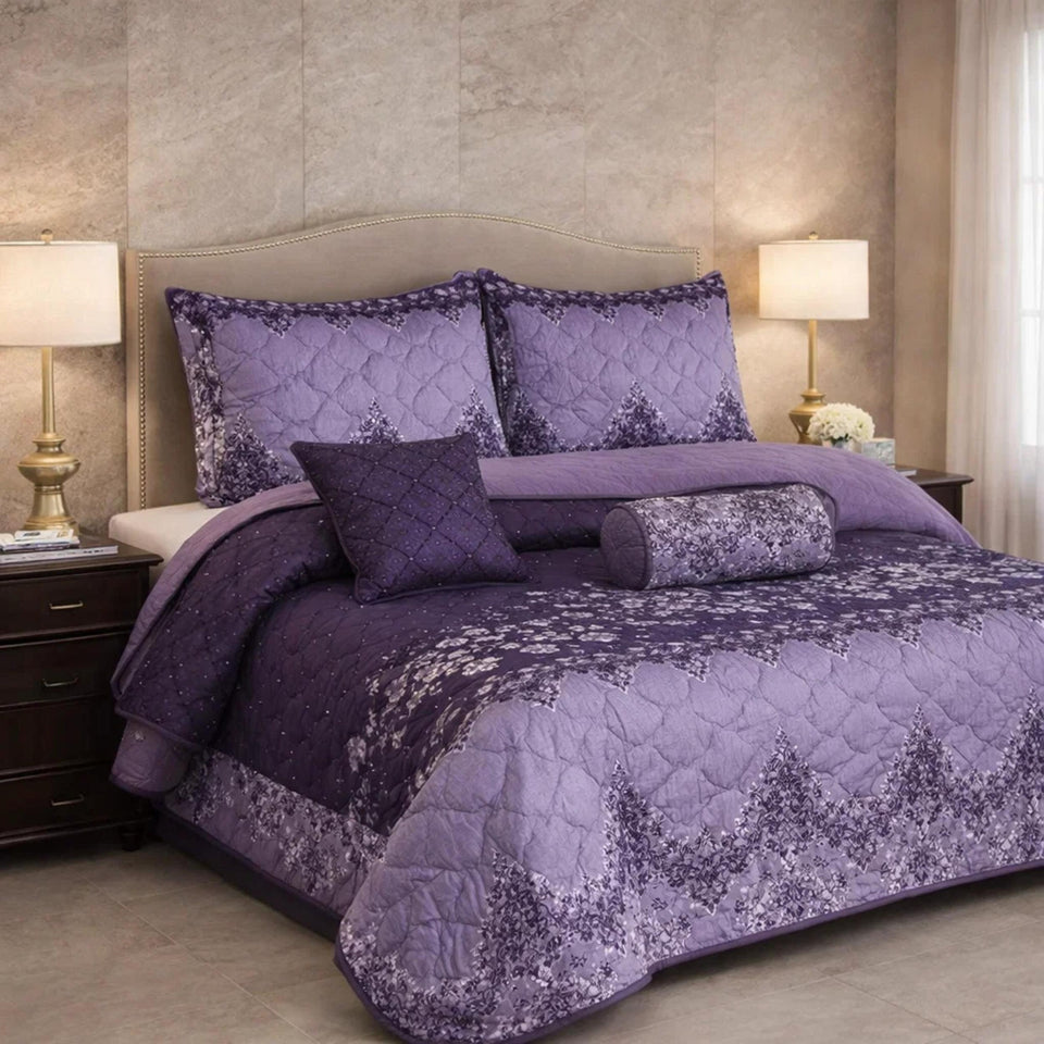 Verdant Leaf Quilted 7 Pcs Bed Spread Set Poly Bag - Purple Colour