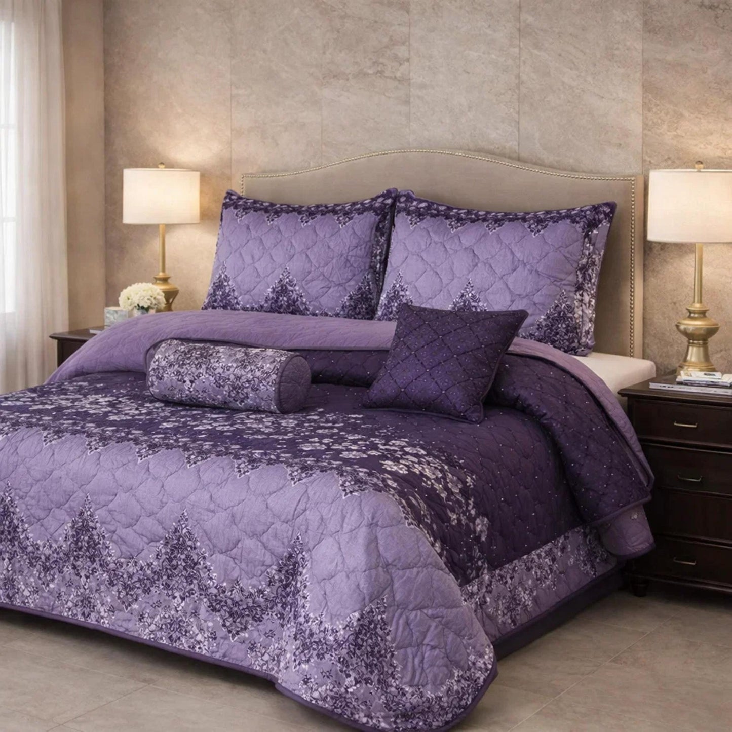 Verdant Leaf Quilted 7 Pcs Bed Spread Set Poly Bag - Purple Colour